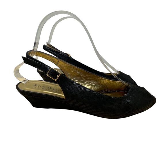 Ron White Elaine Onyx Black Geo Embossed Suede Peep Toe Slingback Wedges Size 40 - Picture 3 of 9